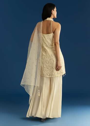 Ivory Georgette Kurta Palazzo Set With Dupatta