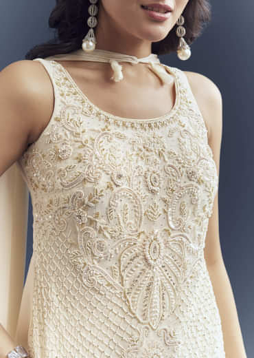 Ivory Georgette Palazzo Suit With Heavy Hand Embroidery