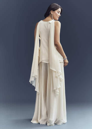 Ivory Georgette Palazzo Suit With Heavy Hand Embroidery