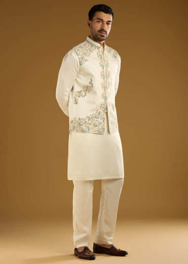 Ivory Linen Kurta Jacket Set For Men With Hand Embroidery