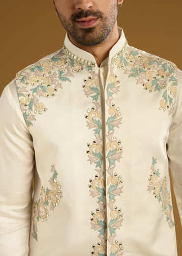 Ivory Linen Kurta Jacket Set For Men With Hand Embroidery