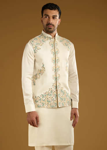 Ivory Linen Kurta Jacket Set For Men With Hand Embroidery