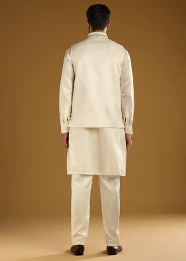 Ivory Linen Kurta Jacket Set For Men With Hand Embroidery