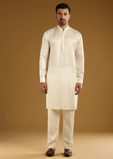 Ivory Linen Kurta Jacket Set For Men With Hand Embroidery
