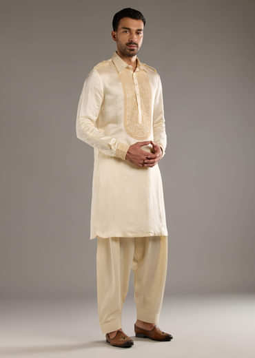 Ivory Linen Satin Kurta Set For Men With Dori Work