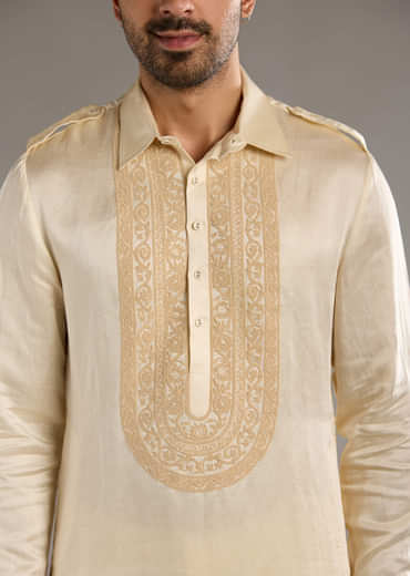 Ivory Linen Satin Kurta Set For Men With Dori Work