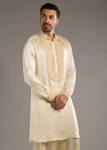 Ivory Linen Satin Kurta Set For Men With Dori Work