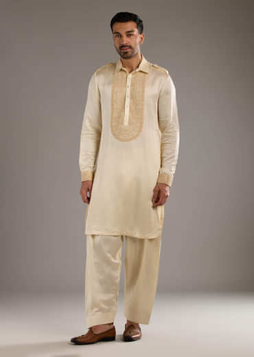 Ivory Linen Satin Kurta Set For Men With Dori Work