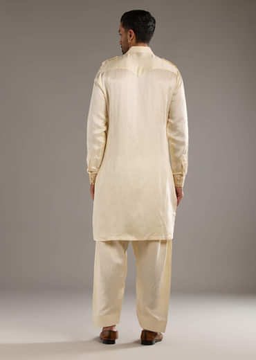 Ivory Linen Satin Kurta Set For Men With Dori Work