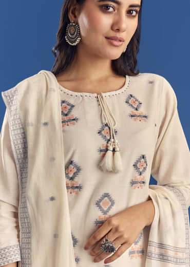 Ivory Mul Cotton Kurta Set With Thread Weaving And Dupatta