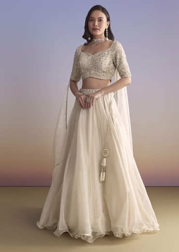 Ivory Organza Bridesmaid Lehenga With Sequins And Cutdana Embroidery