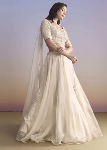 Ivory Organza Bridesmaid Lehenga With Sequins And Cutdana Embroidery