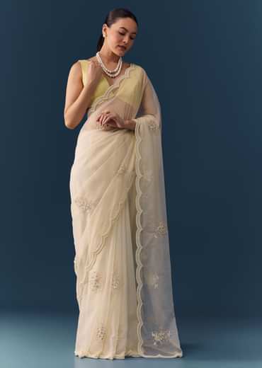 Ivory Organza Embellished Saree with Blouse Fabric