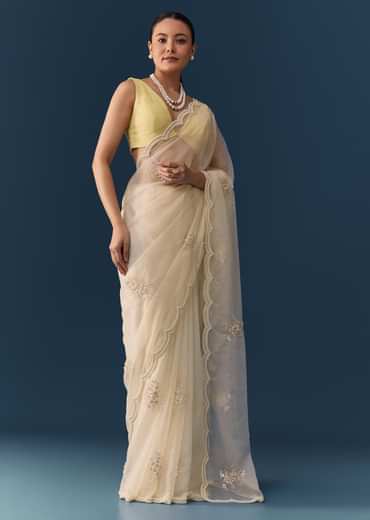 Ivory Organza Embellished Saree with Blouse Fabric