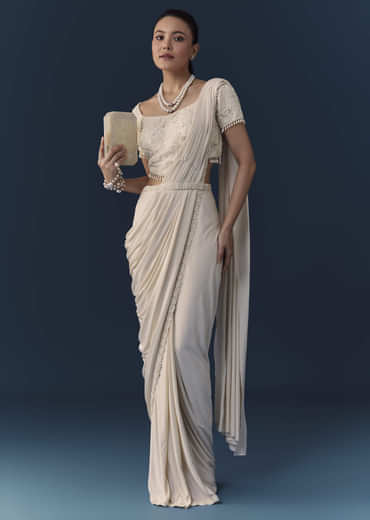 Ivory Ready Pre Pleated Saree with Moti Work Blouse