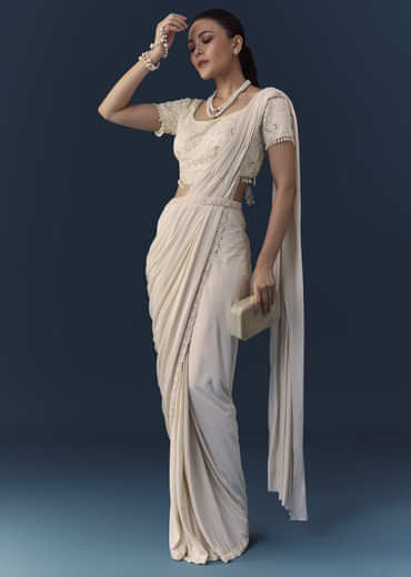 Ivory Ready Pre Pleated Saree with Moti Work Blouse