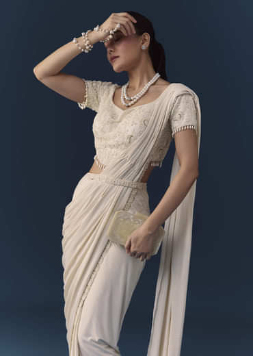 Ivory Ready Pre Pleated Saree with Moti Work Blouse