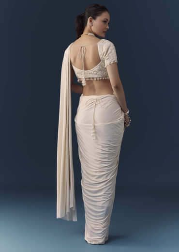 Ivory Ready Pre Pleated Saree with Moti Work Blouse