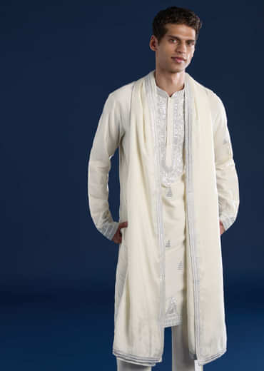 Ivory Sequin Embroidered Mens Kurta Set with Dupatta