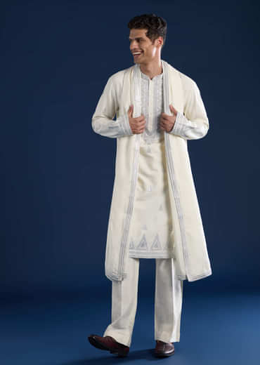 Ivory Sequin Embroidered Mens Kurta Set with Dupatta