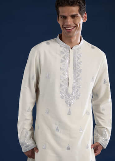 Ivory Sequin Embroidered Mens Kurta Set with Dupatta