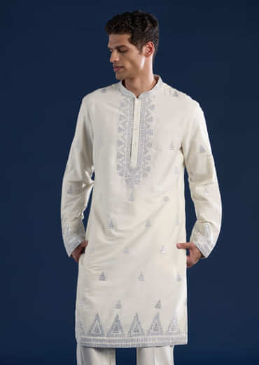 Ivory Sequin Embroidered Mens Kurta Set with Dupatta