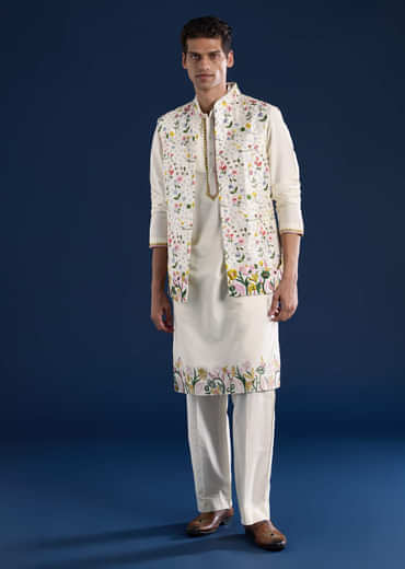 Ivory Silk Jacket Kurta Set with Resham Work