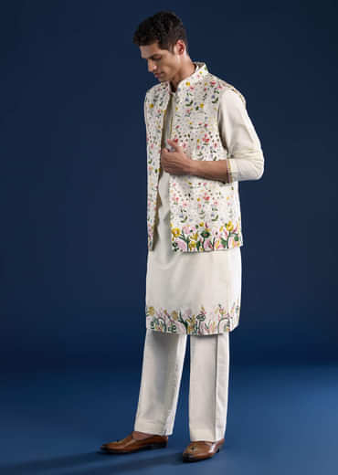 Ivory Silk Jacket Kurta Set with Resham Work