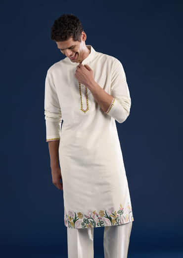 Ivory Silk Jacket Kurta Set with Resham Work