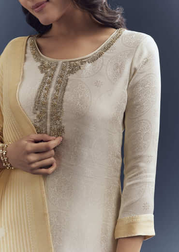 Ivory Silk Kurta Set With Jacquard Weave And Zardosi Work