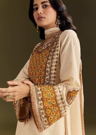 Ivory Silk Threadwork Kurta Patiala With Gotta Lace Organza Dupatta