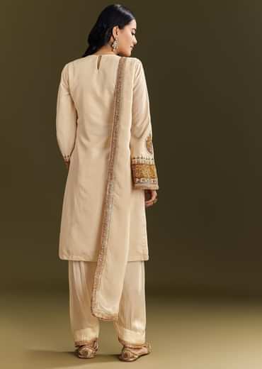 Ivory Silk Threadwork Kurta Patiala With Gotta Lace Organza Dupatta