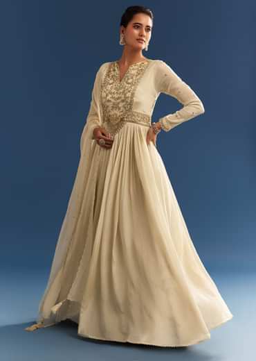 Ivory Tissue Anarkali Set With Tie-Up Back And Organza Dupatta