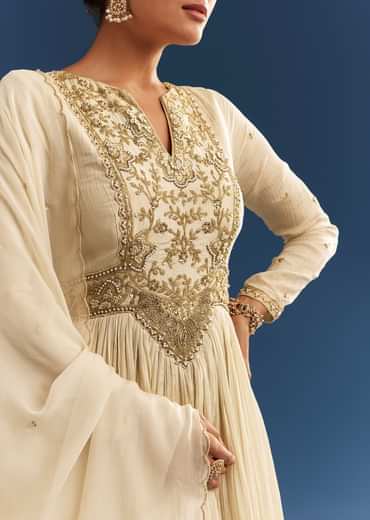 Ivory Tissue Anarkali Set With Tie-Up Back And Organza Dupatta