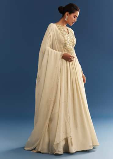 Ivory Tissue Anarkali Set With Tie-Up Back And Organza Dupatta