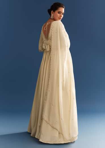 Ivory Tissue Anarkali Set With Tie-Up Back And Organza Dupatta