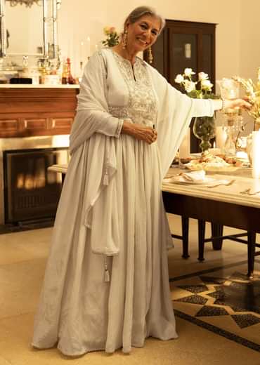 Ivory Tissue Anarkali Set With Tie-Up Back And Organza Dupatta