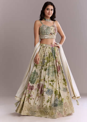 Ivory Tissue Bridesmaid Lehenga With Floral Print And Embroidery