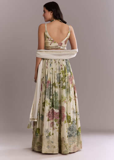 Ivory Tissue Bridesmaid Lehenga With Floral Print And Embroidery