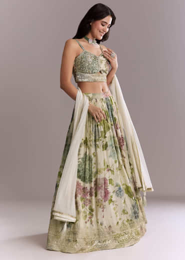 Ivory Tissue Bridesmaid Lehenga With Floral Print And Embroidery