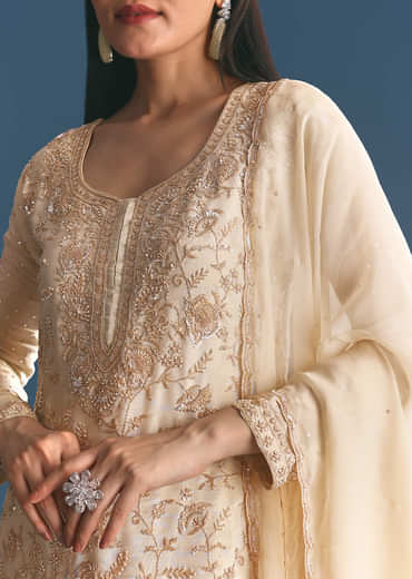 Ivory Tissue Kurta Sharara Suit With Sequins And Cut Dana Work