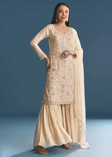 Ivory Tissue Kurta Sharara Suit With Sequins And Cut Dana Work