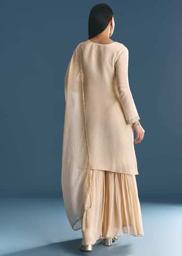 Ivory Tissue Kurta Sharara Suit With Sequins And Cut Dana Work