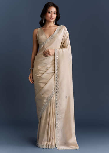 Ivory Tissue Saree With Heavy Hand Embroidery