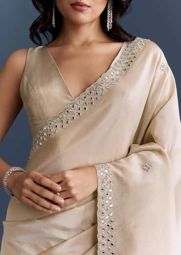 Ivory Tissue Saree With Heavy Hand Embroidery