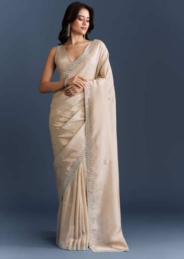 Ivory Tissue Saree With Heavy Hand Embroidery
