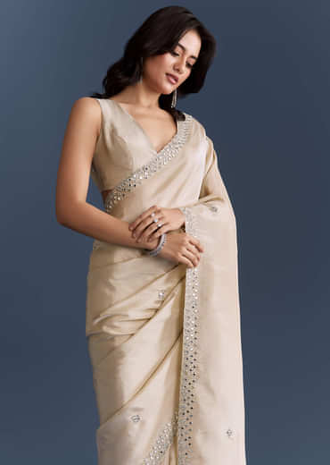 Ivory Tissue Saree With Heavy Hand Embroidery