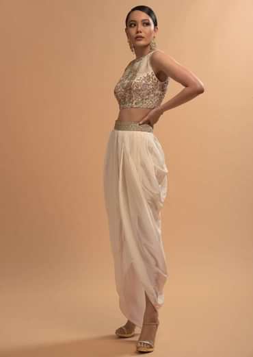 Ivory Tulip Dhoti And Crop Top Set With Embossed Floral Embroidery And High Neckline