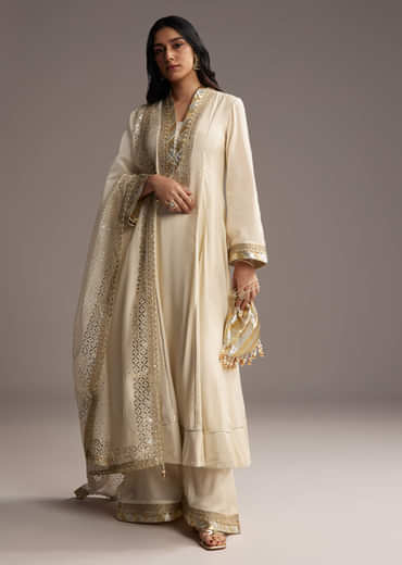 Ivory White Cotton Silk Anarkali Suit With Gotta Work