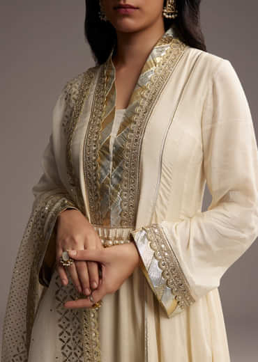 Ivory White Cotton Silk Anarkali Suit With Gotta Work